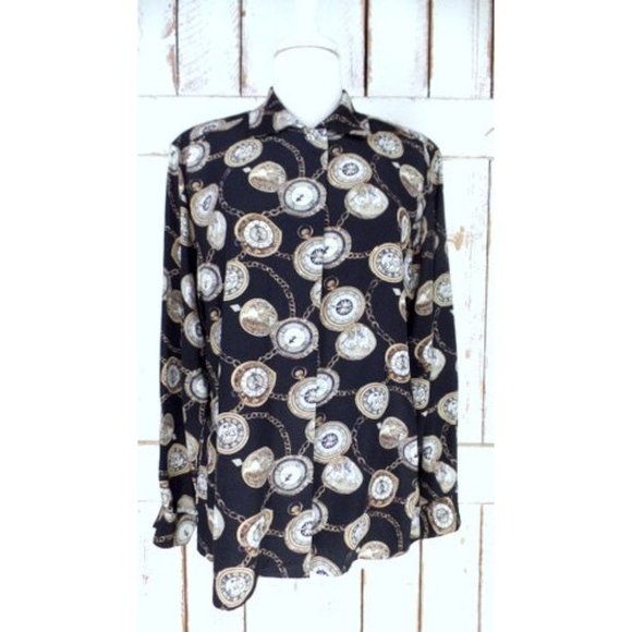 Vintage Ann Taylor Studio black silk clock watch print button down blouse - Picture 2 of 5